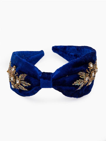 Women's Blue Gold-Toned Velvet Embellished Hairband