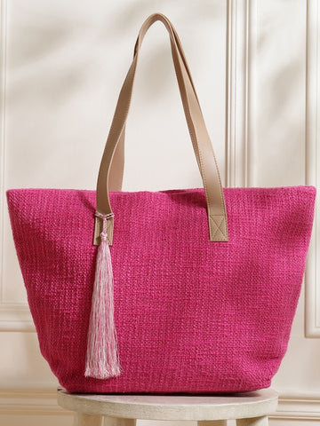 Magenta and Off – White Jacquard Self Design Tote Bag with Tassel Detail