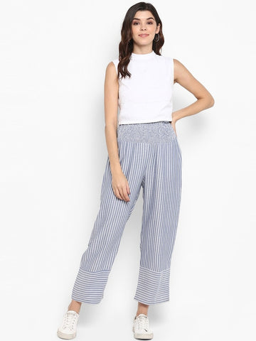 Women's Blue Striped Rayon Loose Fit Pleated Regular Trousers