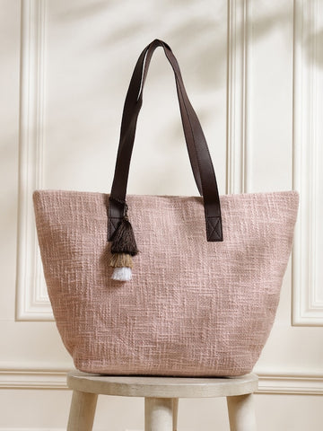 Baby Pink and Chocolate brown Jacquard Self Design Tote Bag with Tassel Detail