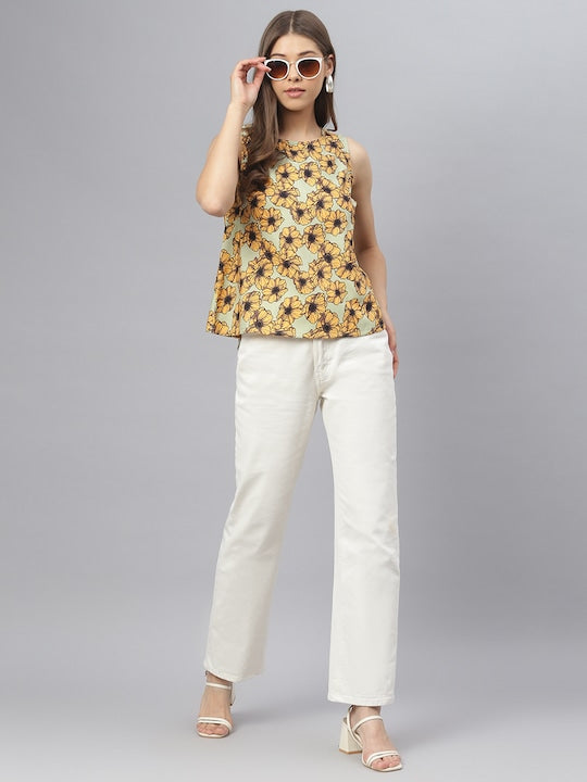 Women's Mustard Yellow Floral Polyester A-Line Top