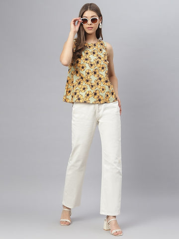 Women's Mustard Yellow Floral Polyester A-Line Top