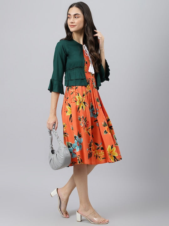 Orange Floral Print Dress With Bottle Green Shrug