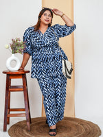 Women's Blue V-Neck Plus Size Cotton Cord Sets