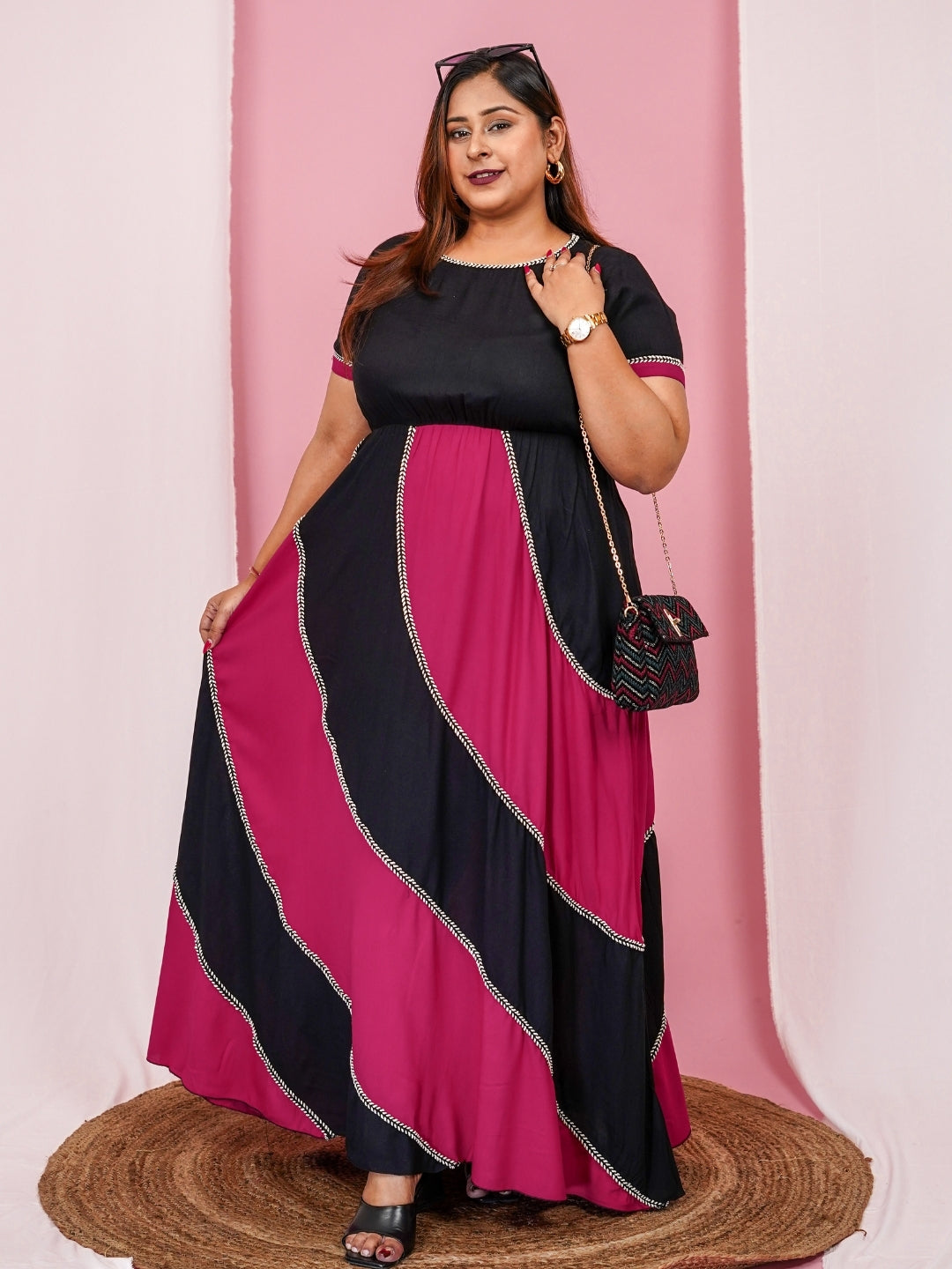 Women's Plus Size Half Sleeves Round Neck Maxi Dress