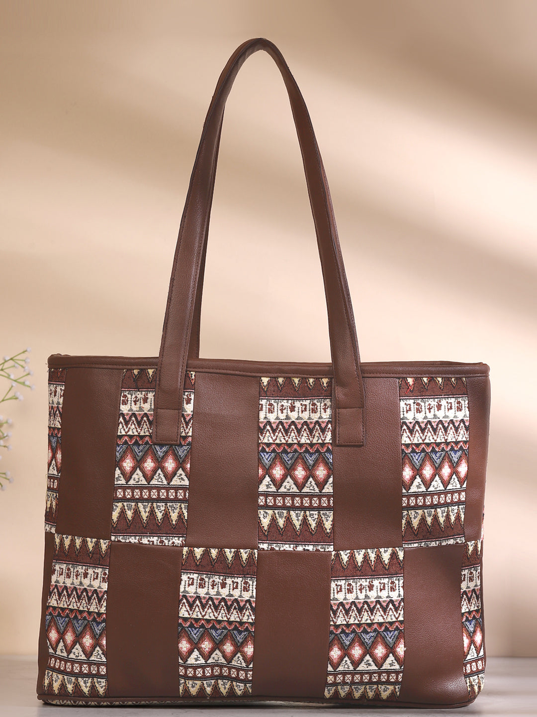 Patch Pattern Brown Tote Bag