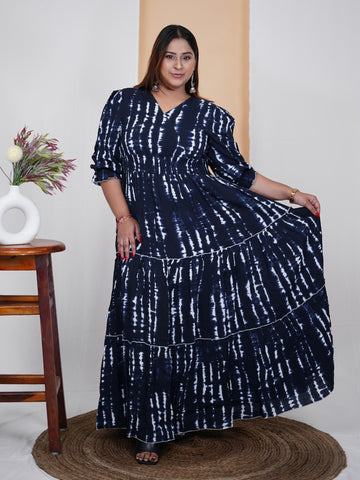 Women's Plus Size Navy Blue V-Neck Tie Dye Maxi Dress