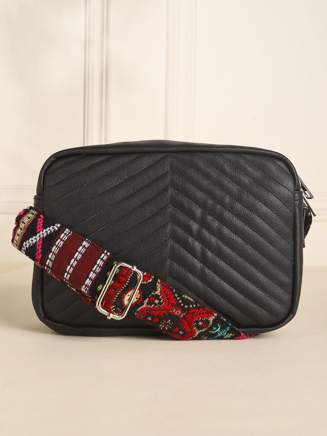 Textured Black Sling Bag with Adjustable Strap