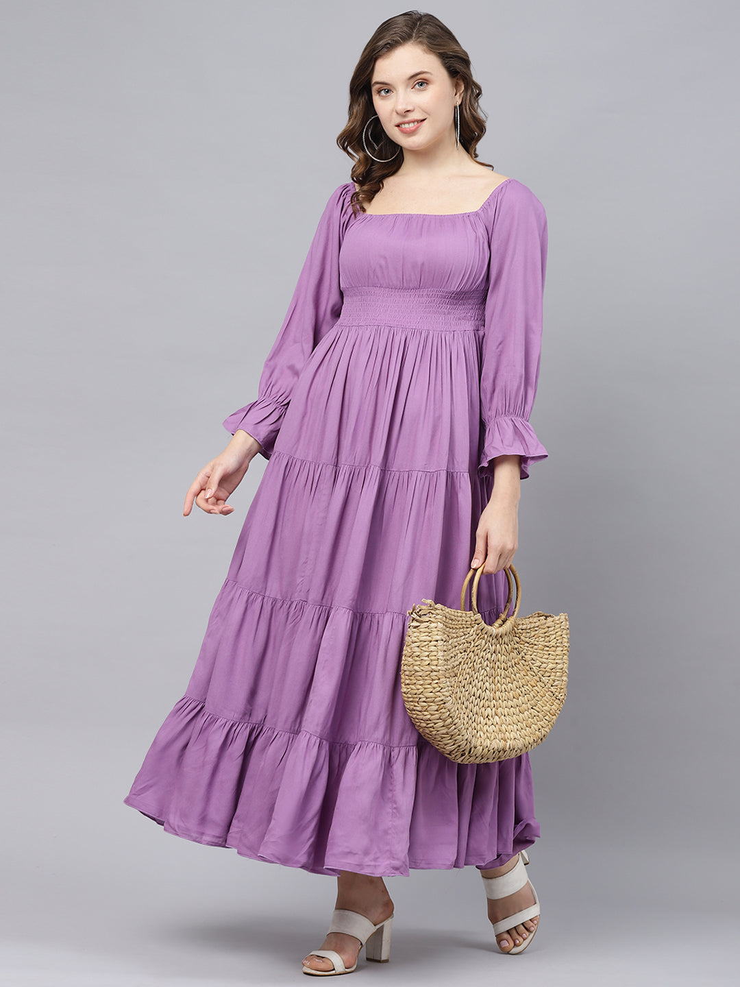 Women's Plus Size Lavender Square Neck Solid Flared Maxi Dress