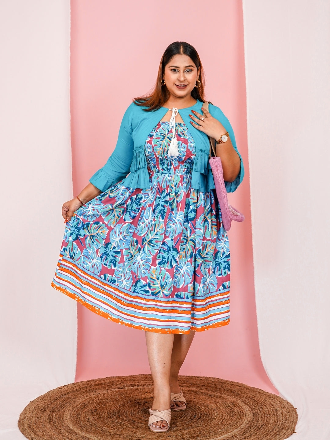 Women's Plus Size Floral Printed Cotton Shrug with Dress