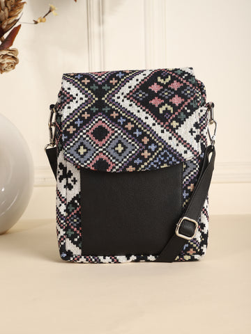Geometric Printed Jacquard Sling Bag with Detachable Strap