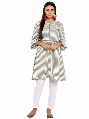 White Striped 3/4 Sleeve Regular Kurta