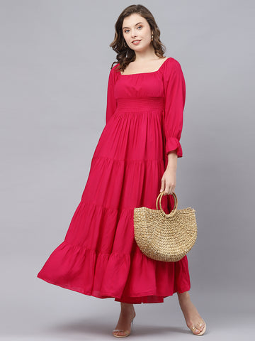 Women's Plus Size Magenta Square Neck Flared Solid Maxi Dress