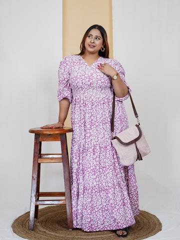 Women's V-Neck Floral Printed Plus Size Maxi Dress