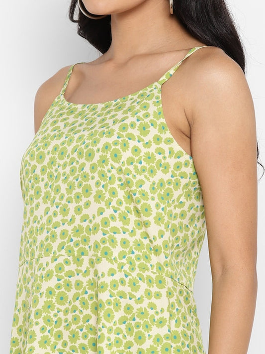 Green Ditsy Print Strapped Dress