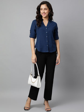 Women's Navy Blue Premium Roll-Up Sleeves Casual Shirt