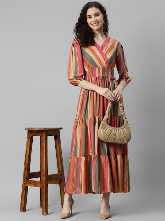 Striped Rayon V-Neck Puff Sleeve Smocked Tiered Maxi Dress