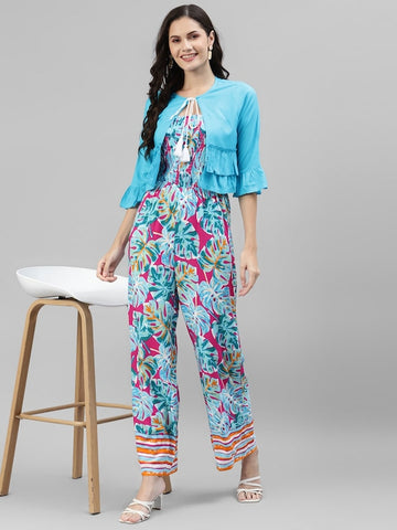 Tropical Print Smoking Jumpsuit With Solid Shrug