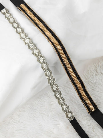 Women's Set Of 2 Black Silver-Toned Sequin Embellished Stretchable PU Belt