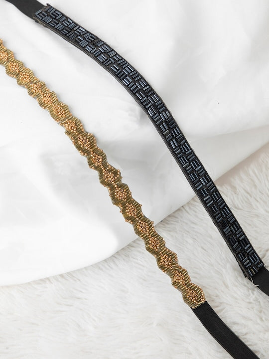 Women's Black  Gold Set Of 2 Embellished PU Belts