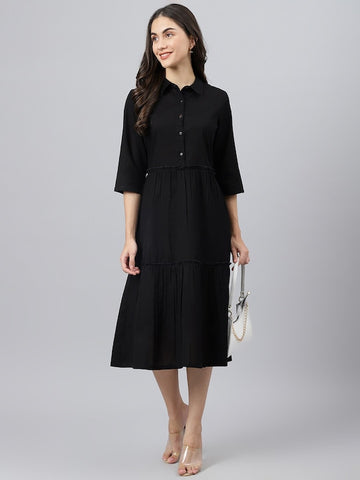 Solid Black Collared Tiered Dress