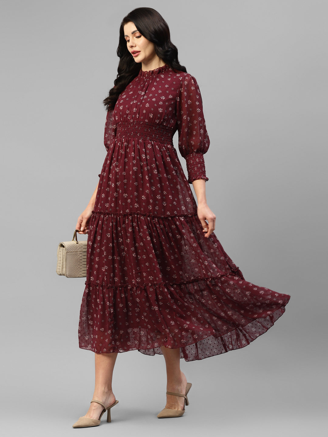 Wine Georgette Dobby Floral Printed Tiered Maxi Dress