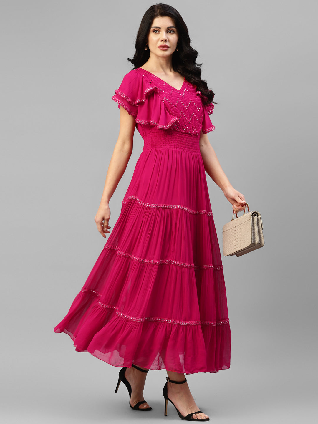 Magenta Tiered Embroidered Georgette Women's Maxi Dress