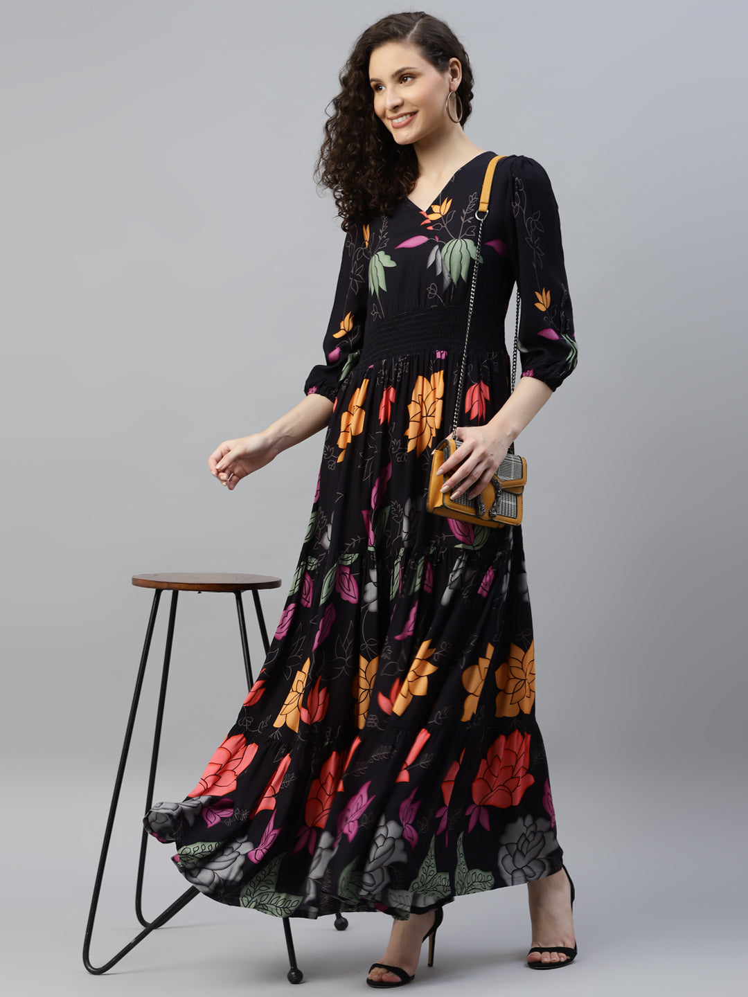 Black Floral Women'S Maxi Tiered Dress