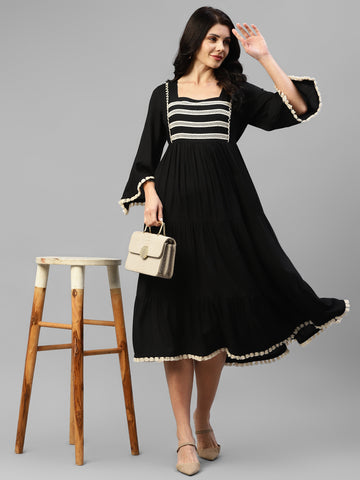 Black Tiered Viscose Rayon Women's Dress