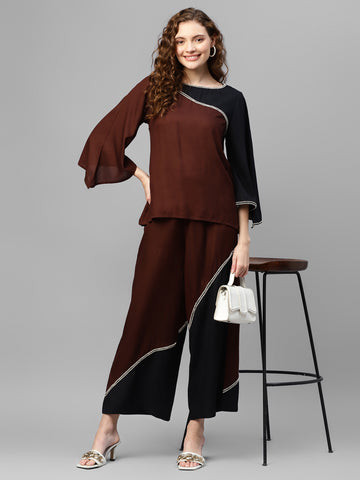 Brown And Black Colour Blocking Women Co-Ord Sets