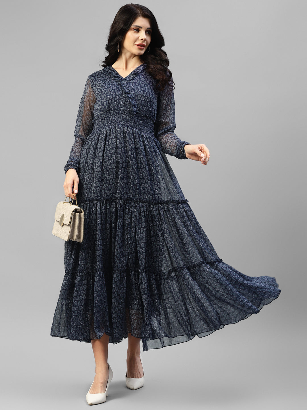 Navy Blue Printed Chiffon Women's Tiered Women's Maxi Dress