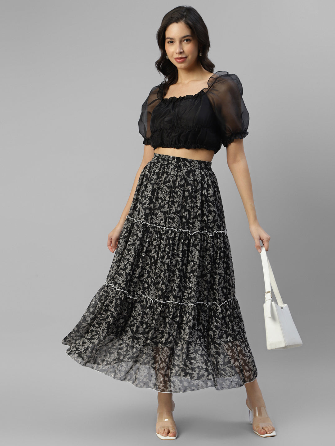 Women's Black Floral With Dobby Printed Maxi Skirt