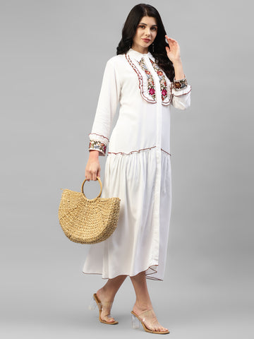 White Embroidered Rayon Women's Shirt Dress