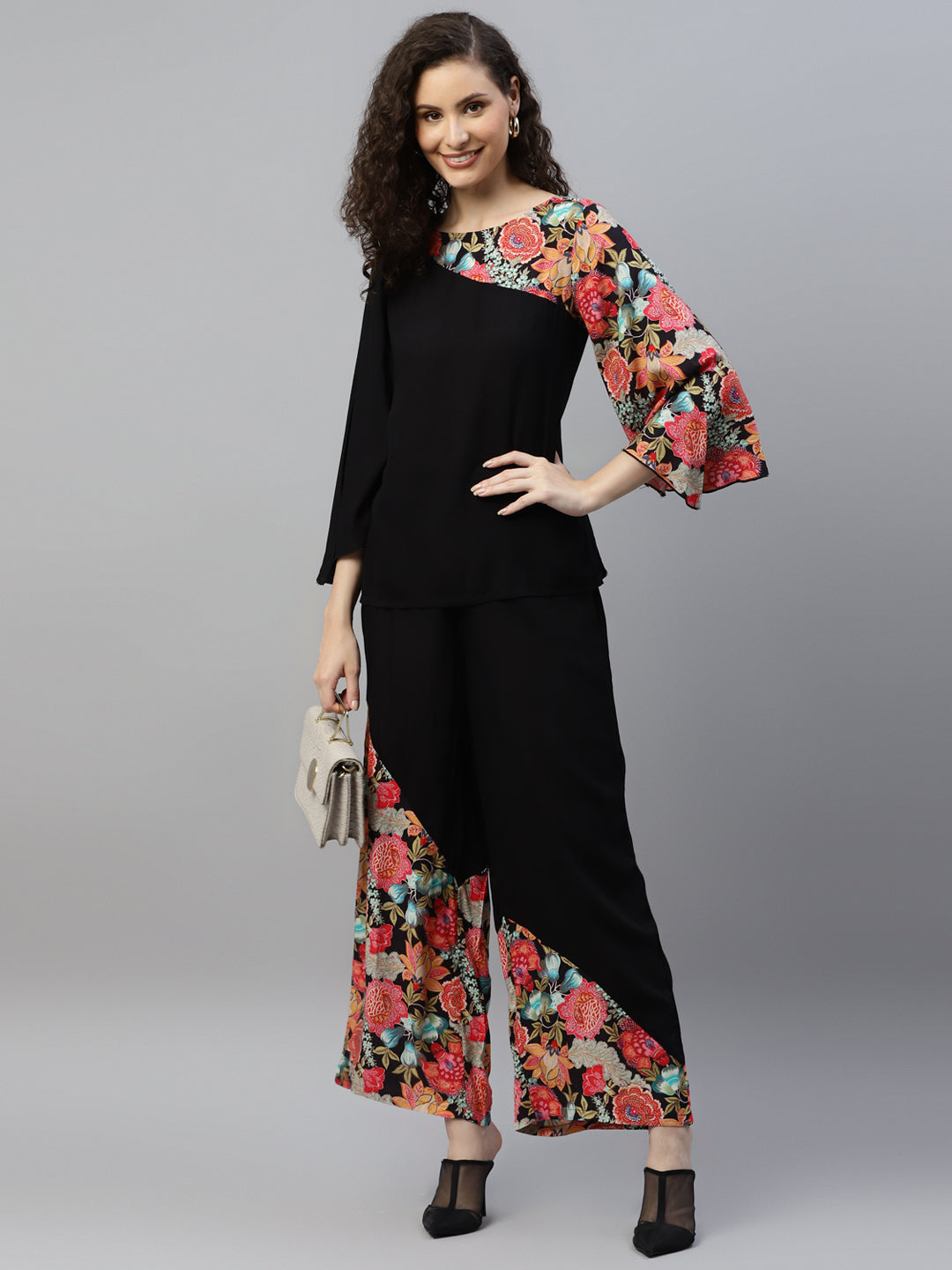 Black With Floral Printed Women's Co-Ord Set