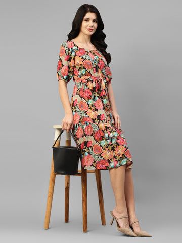 Black Multicolor Floral Viscose Rayon Women's Tiered Dress