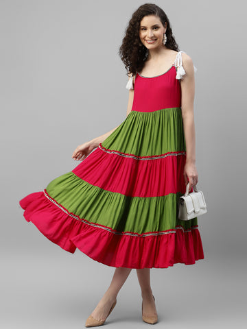 Magenta And Lime Green Color Blocking Women'S Dress