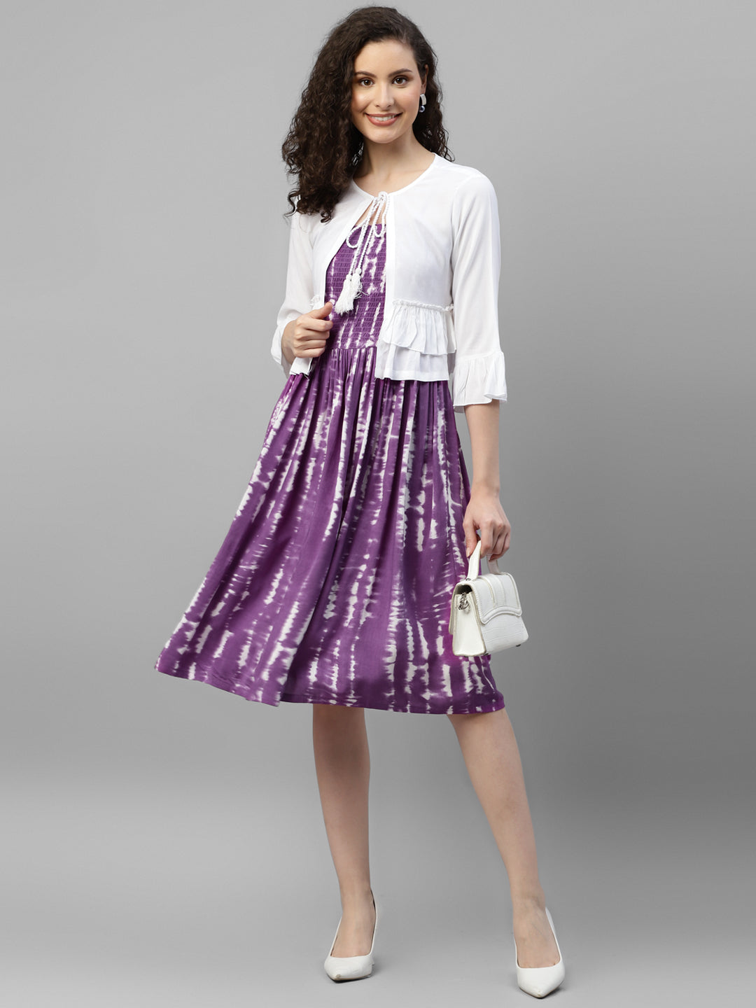 Women'S Lavender Tie & Dye Smocking Dress With Shrug