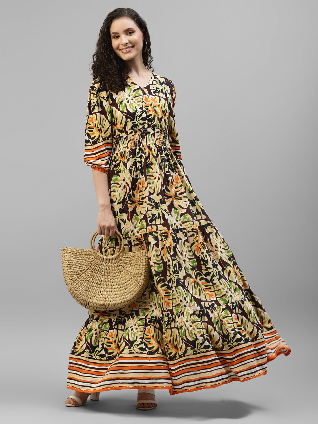 Tropical Printed Tiered Women's Maxi Dress