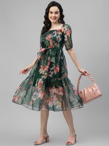 Bottle Green Floral Printed Women Tiered Dress