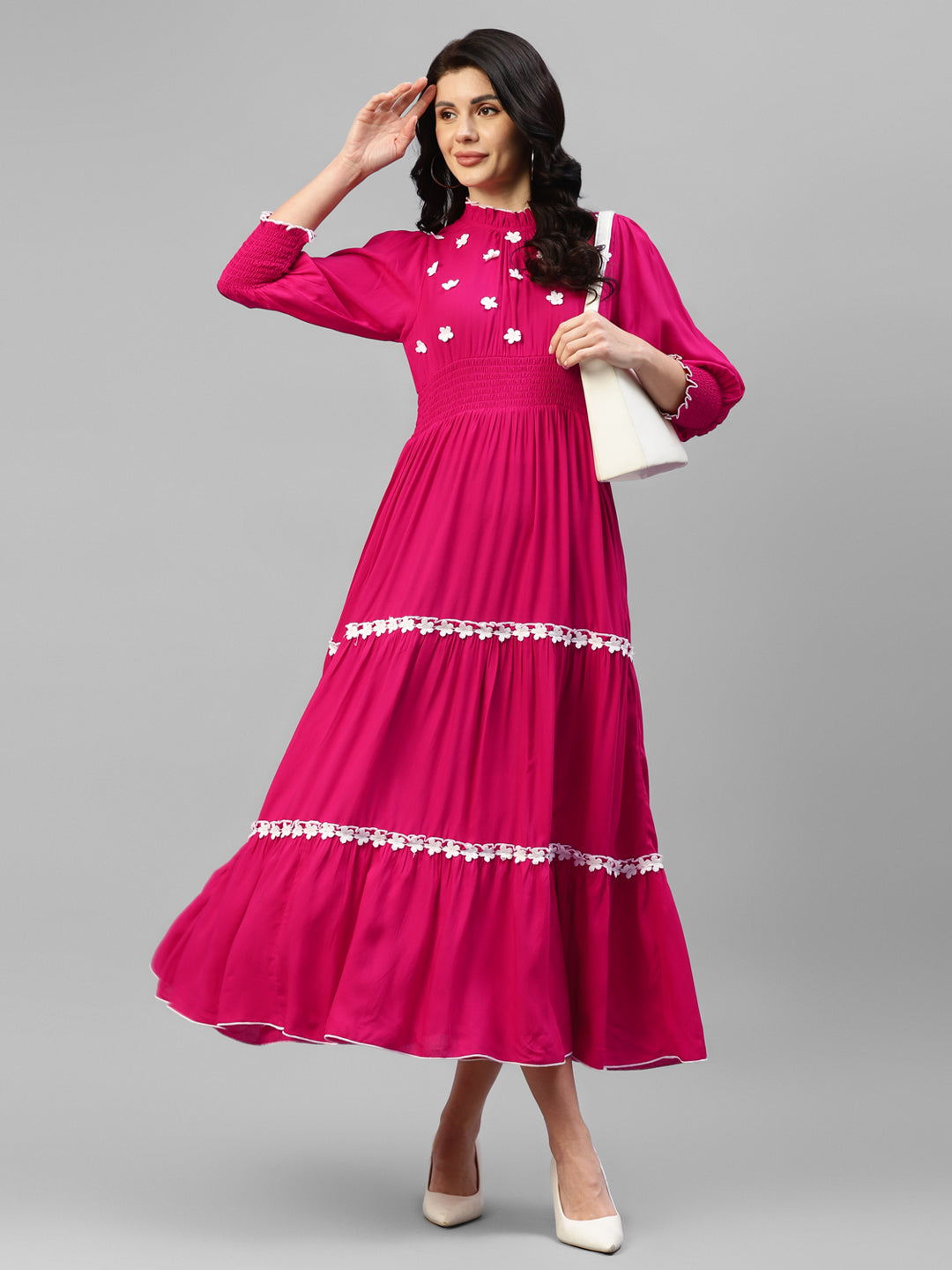 Magenta With White Embroidered Floral Viscose Rayon Women's Tiered Dress