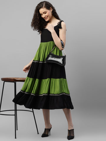 Black And Lime Green Color Blocking Women'S Dress