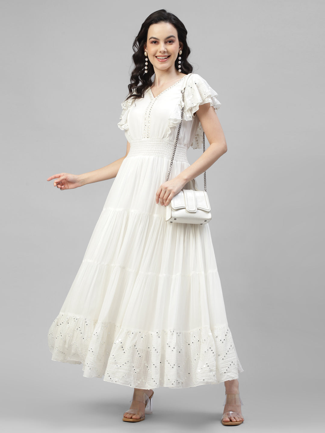 White Embroidered Tiered Women Maxi Dress
