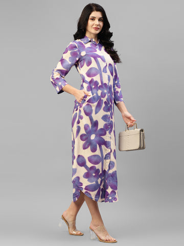 Lavender Big Floral Viscose Rayon Women's Shirt Dress