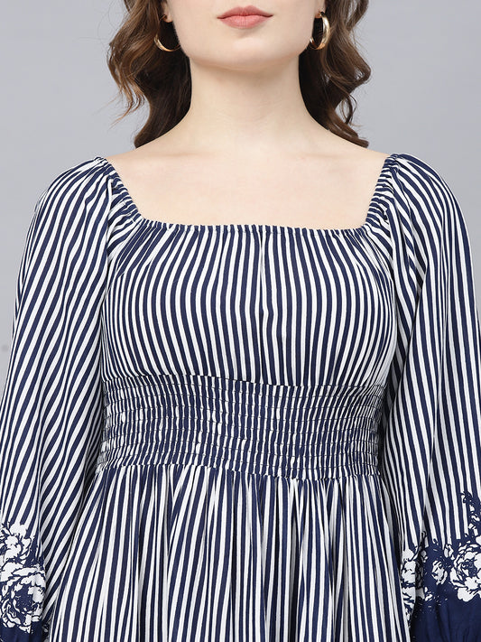 Blue striped border printed maxi dress