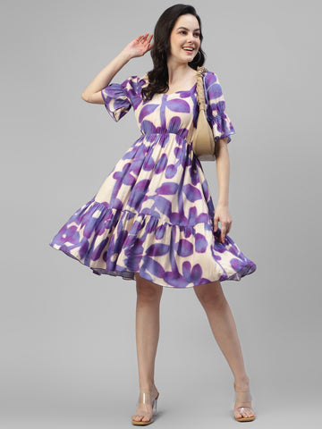 Lavender Big Floral Tiered Women Dress