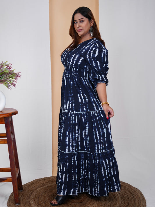 Women's Plus Size Navy Blue V-Neck Tie Dye Maxi Dress
