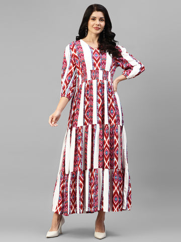 Ikkat Printed Viscose Rayon Women's Maxi Tiered Dress
