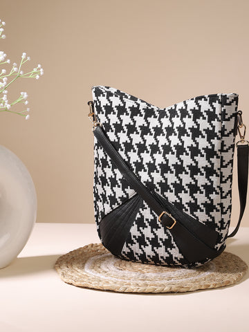 Houndstooth Print Sling Bag With Detachable Strap