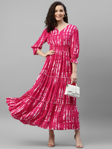 Magenta Tie & Dye Women'S Maxi Tiered Dress