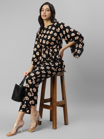 Women's Black Floral Long Bell Sleeve Full Length Co-Ord Set